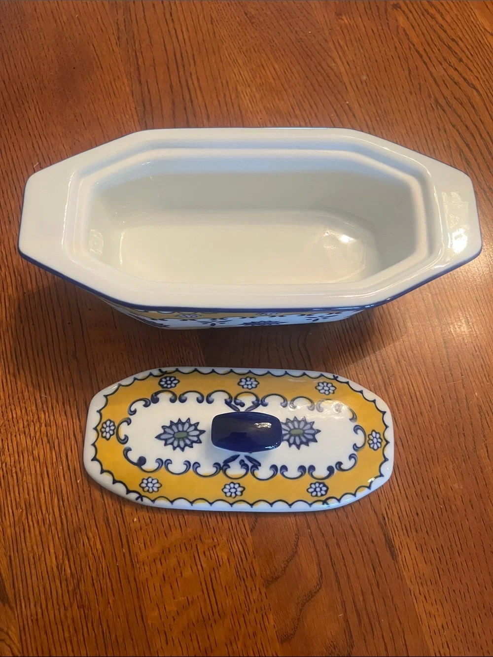 Vintage Cook Street Ceramic Covered Butter Dish 3 Pieces Yellow Blue Floral VG